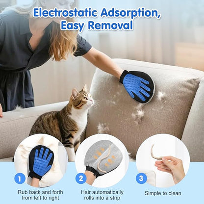 Pawaboo Pet Hair Removal Glove, Dual-Side Electrostatic Hair Removal & Silicone Fur Brush for Dogs and Cats, Reusable Five-Finger Pet Fur Grooming Glove for Couch Carpet Clothes Laundry, Blue & Grey