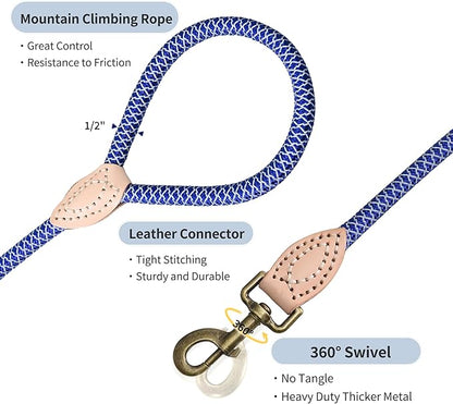 Mile High Life Reflective Dog Leash, Strong Nylon Dog Rope Heavy Duty Dog Training Leashes for Small Medium Large Dogs, Heavy Duty Climbing Rope Dog Leash w Leather Tip(Blue, 60 Inch)