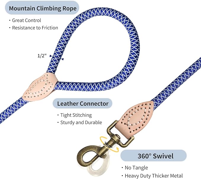 Mile High Life Reflective Dog Leash - Heavy Duty Climbing Rope Leash for Small to Large Dogs, 72 Inch Blue with Leather Tip