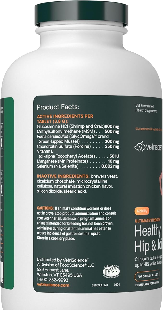 VetriScience Ultimate Strength Healthy Hip & Joint Chewable Tablets, GlycoFlex Glucosamine, Chondroitin and Green-Lipped Mussel Joint Supplement for Dogs, Soothe Joint Discomfort, Chicken, 120 Count