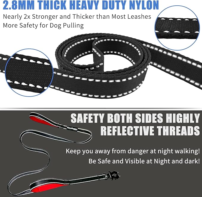 Strong Heavy Duty Dog Leash - 4ft Reflective Nylon Training Leash with Soft Padded Double Handle & Auto Lock Frog Clip - Safety Traffic Control for Large Medium Small Dogs No Pull Walk Black Red,4ft