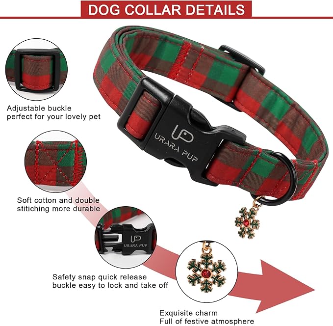 Christmas Dog Collar, Red and Green Plaid Adjustable Pet Collar with Snowflake Charm, Holiday Dog Accessories for Small Medium Large Dogs