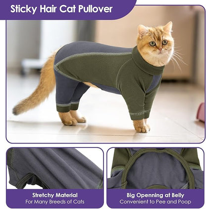 SUNFURA Hair Sticky Cat Clothes, Cat Sweater for Cats Only, 4-Legged Fleece Sweaters Kitten Pajamas Reduce Shedding Fur, Warm Pullover Shirts for Cats, Army Green M