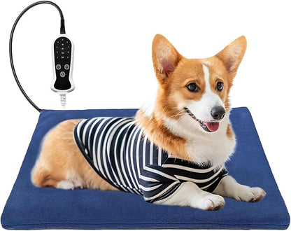 Quwzayail Pet Heating Pad for Dog, 9 Gears and time Settings and Metal Protective Tube, Adding Wire Rope Warming,Comes with Soft Fabric Cover.(22.0" L x 18.0" W x 0.5" Th, Blue Pattern)