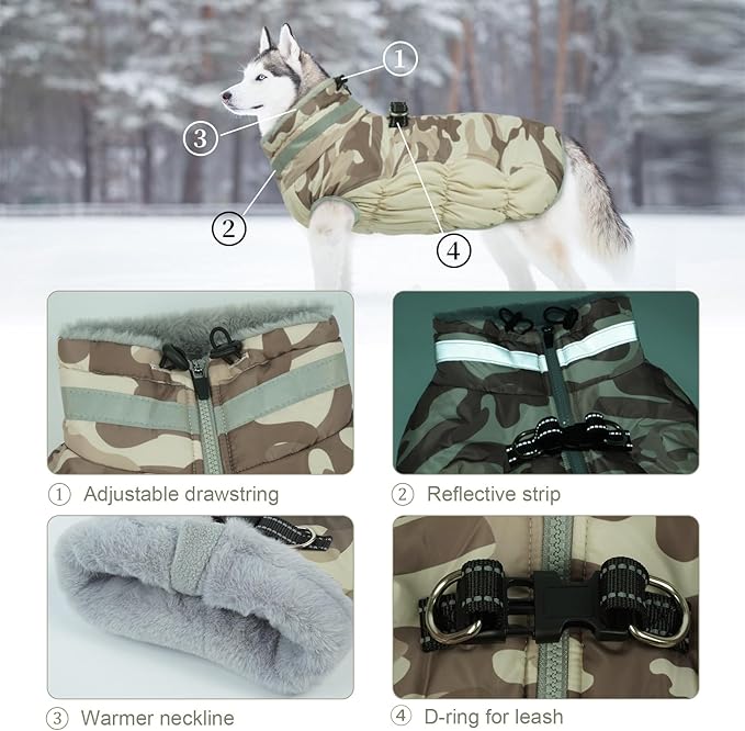 Lelepet Warm Dog Winter Coat Dog Coats for Medium Dogs Waterproof Dogs Jacket with Harness Built in Reflective Cold Weather Coats Windproof Zip-Up Winter Fleece Vest Snowsuit Dachshund Desert Camo