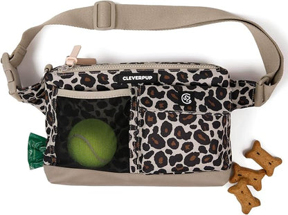 Cleverpup, Dog Walk & Train Sling Bag - Hands-Free 2-In-1 Treat Pouch, Poop Bag Holder, Clicker, Phone Pocket - Crossbody/Fanny Pack, Adjustable Strap - Leopard