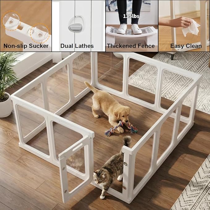 Jatindear 12Pcs Clear Acrylic Plastic Dog Playpen, 23.6“ H Lightweight & Easy Assemble Playpen Divider, Durable Safety Play Pen Indoors, Puppy, Cat, Small Animal(White)