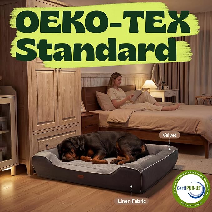 48 Inch XXL Orthopedic Dog Couch Bed for Extra Large Dogs Up to 100 lbs,Cooling Gel Memory Foam + Egg Crate Foam,Waterproof Removable Washable Cover,4-Sided Bolster,Non-Slip Bottom,Dark Grey