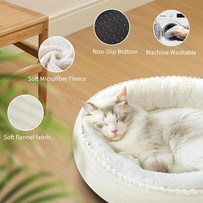 Zerbuger 20in Cream Round Cat Dog Bed Gift for Large Medium Small Dogs Cats, Machine Washable Sleeping Sofa, Non-Slip Bottom Breathable Soft Calming Pet Cuddler for Indoor/Outdoor/Car/Cage