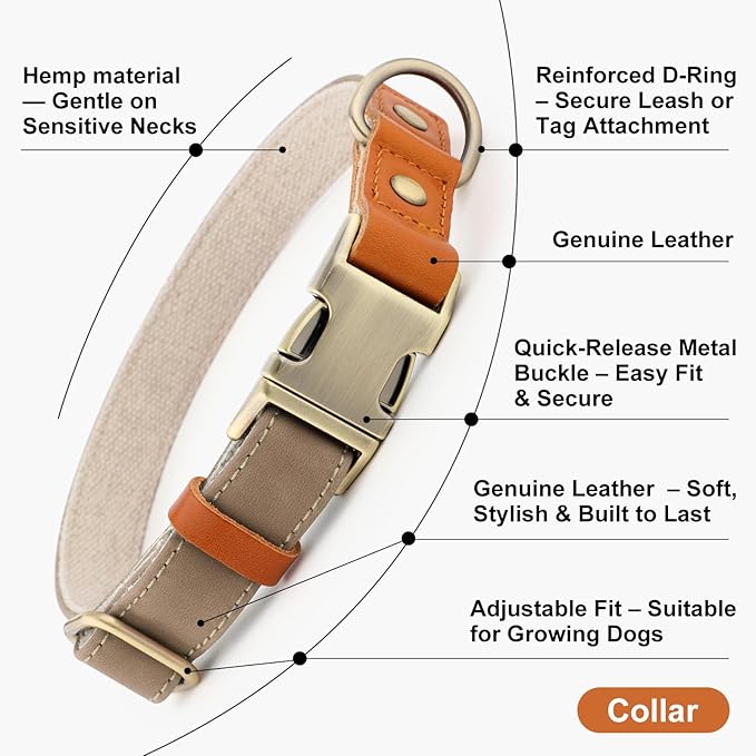 Plutus Pet Genuine Leather & Hemp Dog Collar – Adjustable Heavy Duty Pet Collar with Quick Release Metal Buckle, Soft & Stylish for Puppy and Small, Medium, Large Dogs (Ash Brown, L)