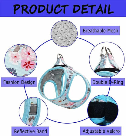 Moonpet Step in Dog Harness Leash Set- All Weather Reflective No-Pull Floral Pattern Padded Mesh Vest Harness for Cats Puppy Extra-Small Small Medium Large Dogs - Bell Orchid - XXS