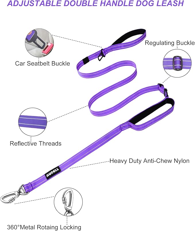 AUBELL Double Handle Tactical Dog Leash Heavy Duty for Small and Medium Large Dogs,Reflective Adjustable Nylon Leash That Pull with Car Seatbelt for Training,4.5-6FT,Purple