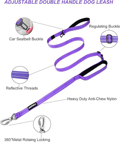 AUBELL Double Handle Tactical Dog Leash Heavy Duty for Small and Medium Large Dogs,Reflective Adjustable Nylon Leash That Pull with Car Seatbelt for Training,4.5-6FT,Purple