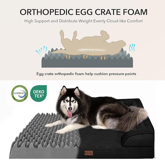 Casa Paw Orthopedic Dog Beds for Large Sized Dogs, Waterproof Memory Foam Large Pet Bed with Sides 35x22Inch, Non-Slip and Egg-Crate Foam Big Dog Couch Bed with Removable Washable Cover, Black