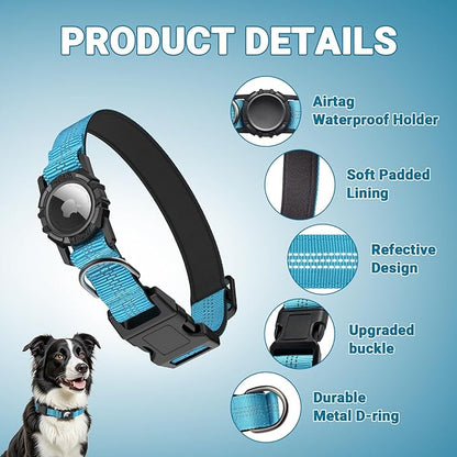 HDDTTZ AirTag Dog Collar and Leash, IP68 Waterproof Integrated with Reflective, Ultra-Durable, Comfortable Padded, Heavy Duty Dog Collars for Small Medium Large Dogs, L (14.8"-20.3"), Blue