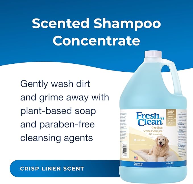 PetAg Fresh ’n Clean Crisp Linen Scented Shampoo (15:1 Concentrate) - 1 Gallon - Soothes Dry, Irritated Skin with Vitamin E & Aloe Vera - Strengthens & Repairs Coats - Gluten Free