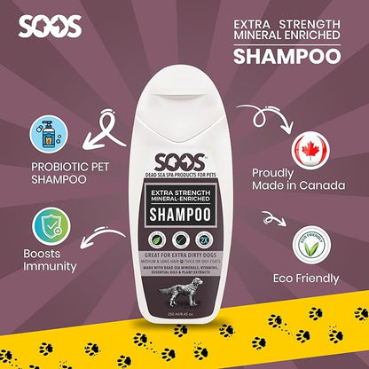 Soos Pets Shampoo Extra Strength for Cat and Dog Shampoo Natural Dead Sea Mineral Enriched Fast Absorbing with Vitamins Essential Oils Natural Ingredients Antib-acterial - 1x 250ml
