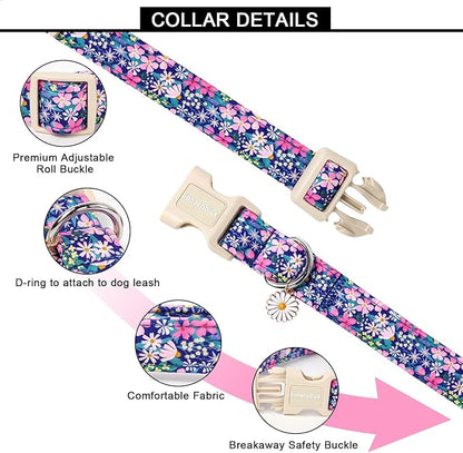 Lionet Paws Floral Dog Collar- Cute Spring Wildflowers Daisy Fleabane Dog Collars with Plastic Buckle,Light Adjustable Dog Collars for Medium Large Dogs