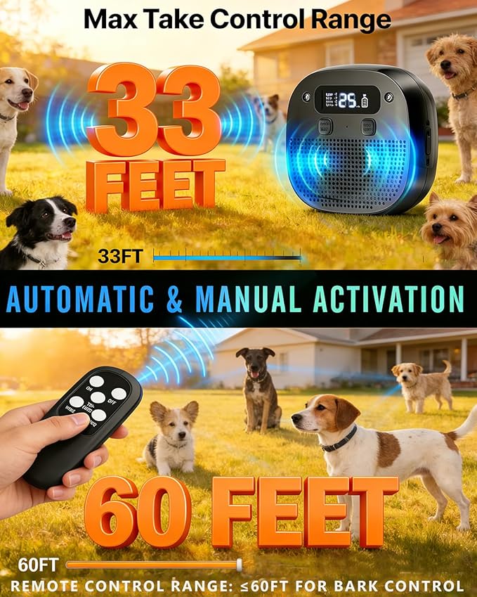 Dog Barking Control Devices, Anti Barking Device for Dogs with Remote Control, Ultrasonic & Sensor Technology, Rechargeable, Waterproof, Adjustable Modes & Frequencies, Bark Box Indoor Outdoor(Black)