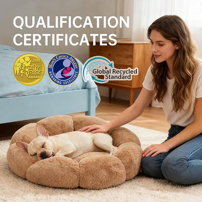 OhGeni 20 inches Calming Donut Dog & Cat Bed for Small Pets, Warming Comfort Fluffy Short Pile Fur, Durable Machine Washable, Cute Round Bed for Puppy and Kitten, Camel
