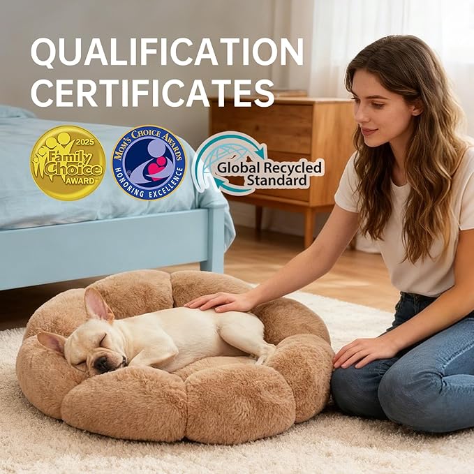 OhGeni 24 inches Calming Donut Dog & Cat Bed for Small Pets, Warming Comfort Fluffy Short Pile Fur, Durable Machine Washable, Cute Round Bed for Puppy and Kitten, Camel