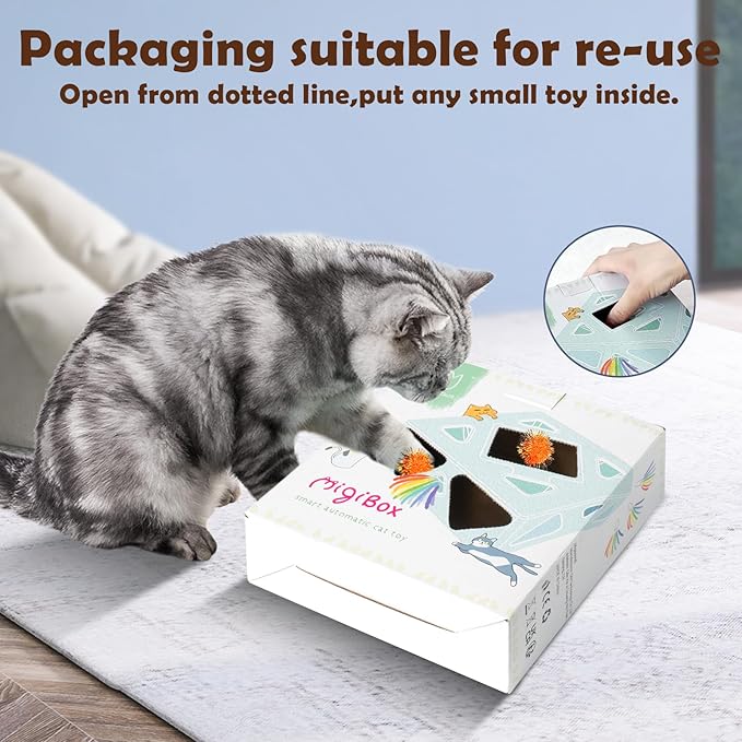 Migipaws MigiBox Cat Toy, Interactive Kitten Toy for Indoor Cats, Automatic Pop Out Feathers from 7 Holes Randomly, Pounce Mystery Under Cover to Stimulate Bored Furry, Rechargable