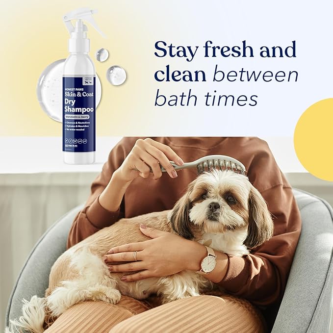 Honest Paws Dog Dry Shampoo - Waterless No Rinse Spray Formula Reducing Itch Cleanse Hydrate Nourish Dry Skin and Smelly Coat Help Decrease Odor Shedding and Allergies - Mandarin & Berry - 8 oz