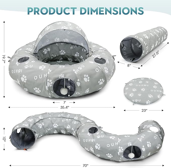 OUHOU Cat Tunnel Bed for Indoor Cats, Donut Tunnel with Mat, Straight Tunnel, 4 Hanging Balls and Blackout Tent, Collapsible Peekaboo Cat Cave