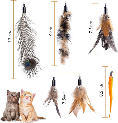 APSUAE Retractable Cat Wand Toys - Interactive Feather Wand with Bell for Indoor/Outdoor Cats, 8 Pack