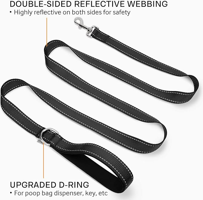 Joytale Double-Sided Reflective Dog Leash, 6 FT/5 FT/4 FT, Padded Handle Nylon Heavy Duty Leashes for Small & Medium Dogs Walking, Black, 6FT