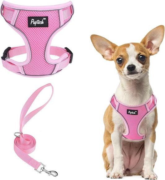 PUPTECK Small Dog Harness and Leash Set, No Pull Adjustable Puppy Cat Harness, Reflective Soft Mesh Pet Vest Small Sized, Pink, XS
