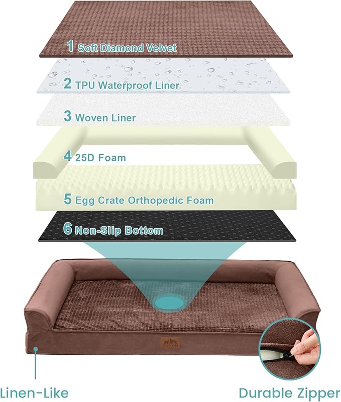 COZY KISS Orthopedic Dog Bed for Large Medium Size Dog, L Pet Sofa for Dog Cat, Big Supportive Foam Bolster U Shaped Couch with Waterproof Lining Cover, Anti-Slip, Washable, 36x27x7.5 inch, Brwon