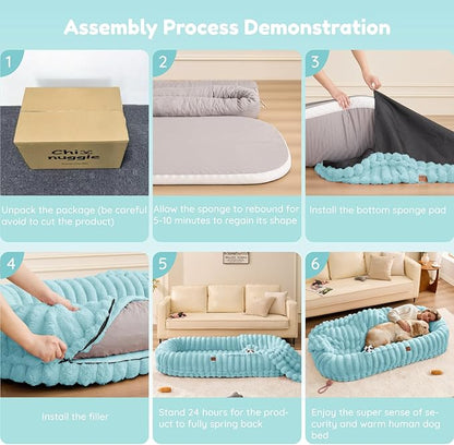 ChiXnuggle Human Dog Bed for Adult - Luxury Striped Faux Fur Giant Dog Bed with Portable Handle, Egg Orthopedic Foam Pad with Thick Blanket, 72"x40"x10", Blue