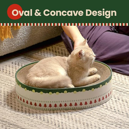 Conlun Cat Scratcher Bed, 2 in 1 Oval Cat Scratching Board for Indoor Kitty Scratch Pad Corrugated Cardboard Lounge Bowl Nest Couch Sofas for Kittens, Includes Cat Toy, Christmas