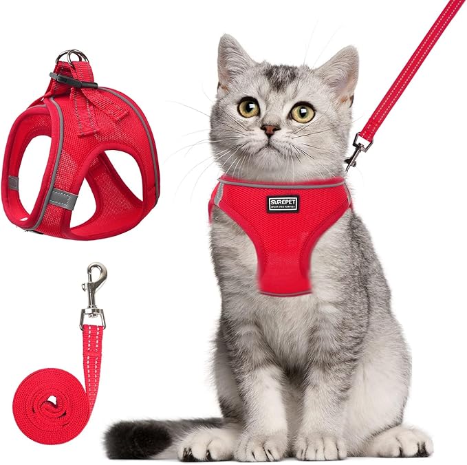 Betmaypet Cat Harness and Leash Set, Soft and Breathable Vest with Reflective Strip, Escape Proof Kitten Harness, Easy to Wear for Cats Walking and Traveling (Red, L)