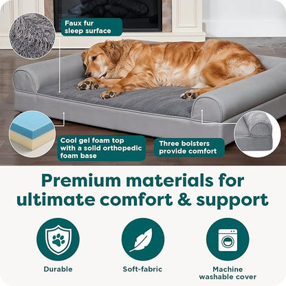 Furhaven Cooling Gel Dog Bed for Large/Medium Dogs w/ Removable Bolsters & Washable Cover, For Dogs Up to 55 lbs - Faux Fur & Velvet Sofa - Dark Sage, Large