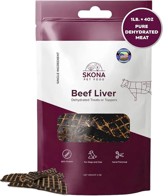 Skona PetFood Beef Liver Jerky Dog & Cat Treats, Single-Ingredient, High Protein Training Snacks, Natural & Healthy, USA Made, Supports Digestion, Energy & Shiny Coat, Rich in Nutrients, 4oz