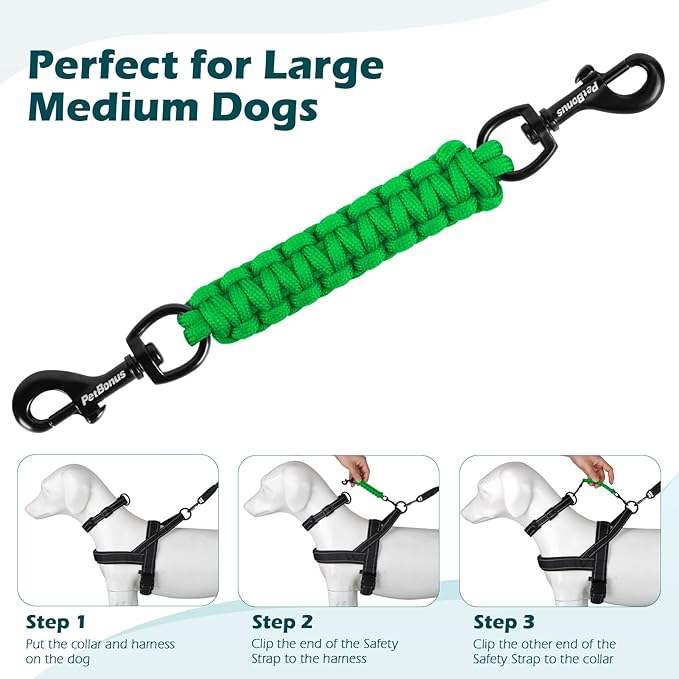 PetBonus Dog Collar Safety Clip, Handmade Backup Safety Strap for Dog Harness, Prong, Pinch Collar, Double Ended Clasp Leash Connector (Green)