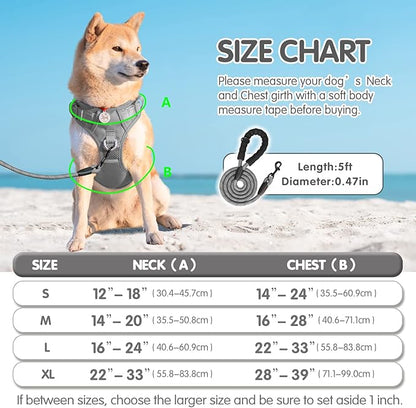 PoyPet No Pull Dog Harness and 5 Feet Leash Set, Release on Neck Reflective Adjustable Pet Vest, Front & Back 2 D-Ring and Soft Padded Pet Harness with Handle for Small to Large Dogs(Grey,L)