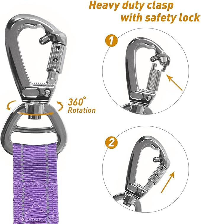 AUBELL Tactical Dog Leash Heavy Duty,4-6ft Reflective Strong No Pull Bungee Leash for Medium Large Dogs with Comfortable Padded Double Handle,Car Seat Belt,360 Degree Rotating Carabiner,Purple