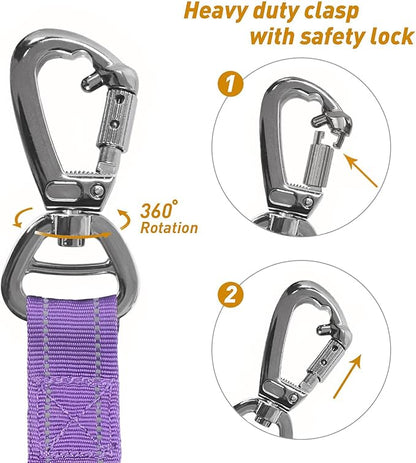 AUBELL Tactical Dog Leash Heavy Duty,4-6ft Reflective Strong No Pull Bungee Leash for Medium Large Dogs with Comfortable Padded Double Handle,Car Seat Belt,360 Degree Rotating Carabiner,Purple