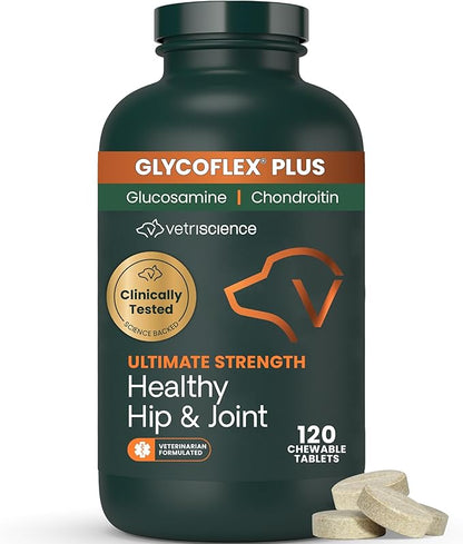 VetriScience Ultimate Strength Healthy Hip & Joint Chewable Tablets, GlycoFlex Glucosamine, Chondroitin and Green-Lipped Mussel Joint Supplement for Dogs, Soothe Joint Discomfort, Chicken, 120 Count