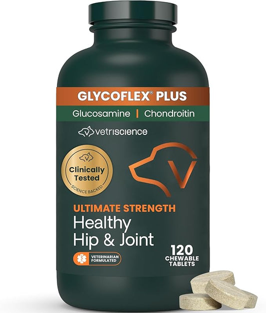 VetriScience Ultimate Strength Healthy Hip & Joint Chewable Tablets, GlycoFlex Glucosamine, Chondroitin and Green-Lipped Mussel Joint Supplement for Dogs, Soothe Joint Discomfort, Chicken, 120 Count