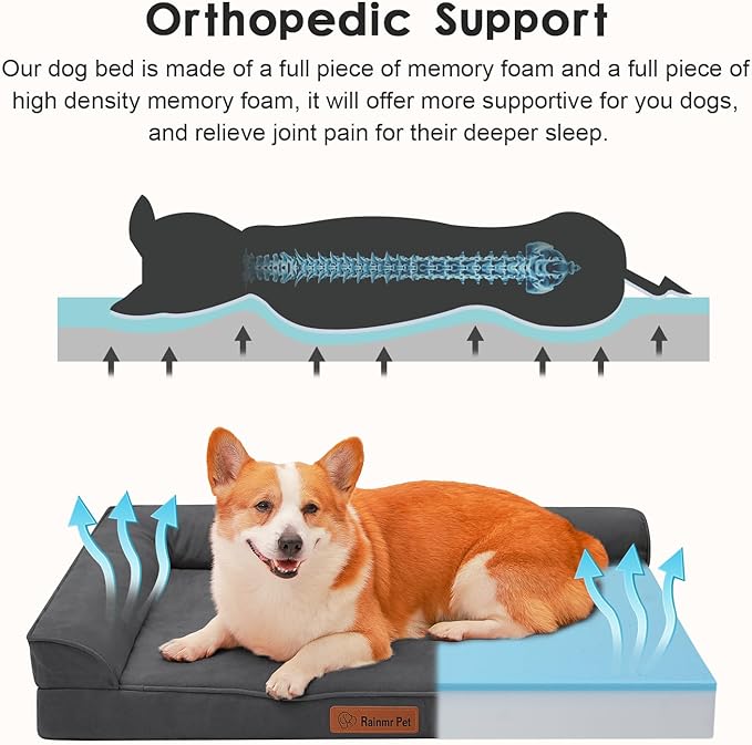 Rainmr Orthopedic Dog Bed Medium Size Dog, Memory Foam Dogs Bed for Medium Dogs, Washable and Removable Microsuede Cover, Waterproof Liner, Non-Skid Bottom, 35x23x6 Inches, Dark Grey