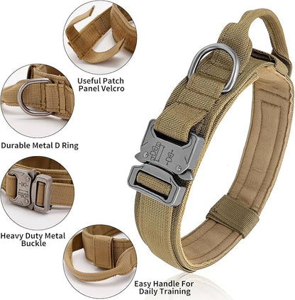 Tactical Dog Collar - Military Dog Collar, Adjustable Heavy Duty Metal Buckle Nylon Collar with Control Handle for Small Medium Large Dogs, (Brown, L)