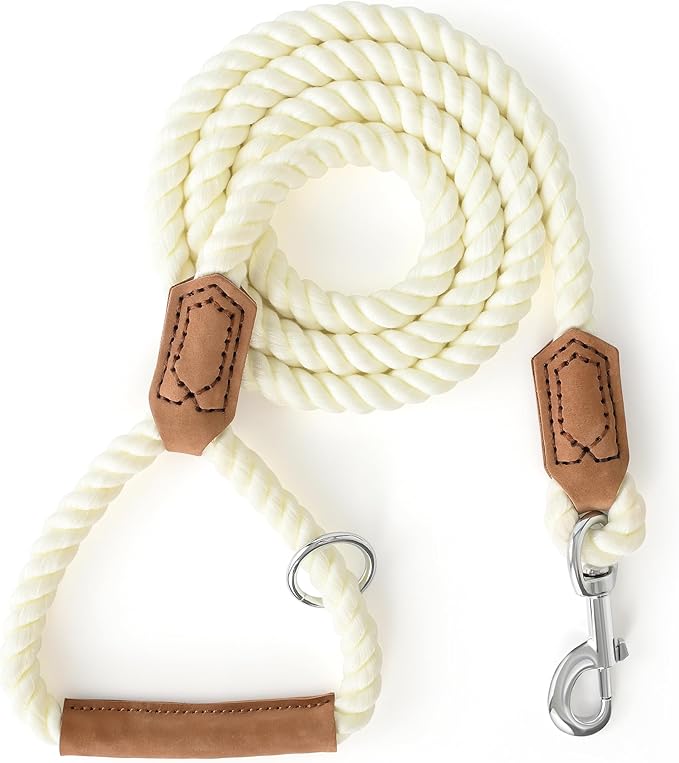 Mile High Life Dog Leash, Braided Cotton Rope Leashes with Leather Handle - Heavy Duty Metal Clasp, 6FT, 1/2" Thick - Wedding, Walking & Training Leash for Small Medium Large Dogs (White)