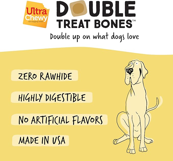 Ultra Chewy Yogurt with Banana Double Treat Bones: Long-Lasting Dog Treats Made in USA for Large and Small Breeds, Highly Digestible, Ideal for Aggressive Chewers (12 Count)