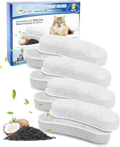 Cunina Pet Fountain Filters for Dog Waterer Fountain Compatible with W600 Automatic Dog Water 205oz/6L Dispenser, 8 Pack Large Pet Fountains Filter Replacement Fit for Cat Water Drinking Bowl