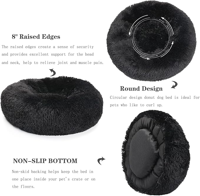 Calming Donut Dogs Beds for Medium Dogs up to 45 lb,30inch Anti-Slip Plush Round Dog Bed with Raised Rim,Fluffy Faux Fur Pet Bed for Cozy Sleep,Black