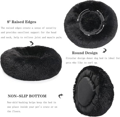 Calming Donut Dogs Beds for Medium Dogs up to 45 lb,30inch Anti-Slip Plush Round Dog Bed with Raised Rim,Fluffy Faux Fur Pet Bed for Cozy Sleep,Black